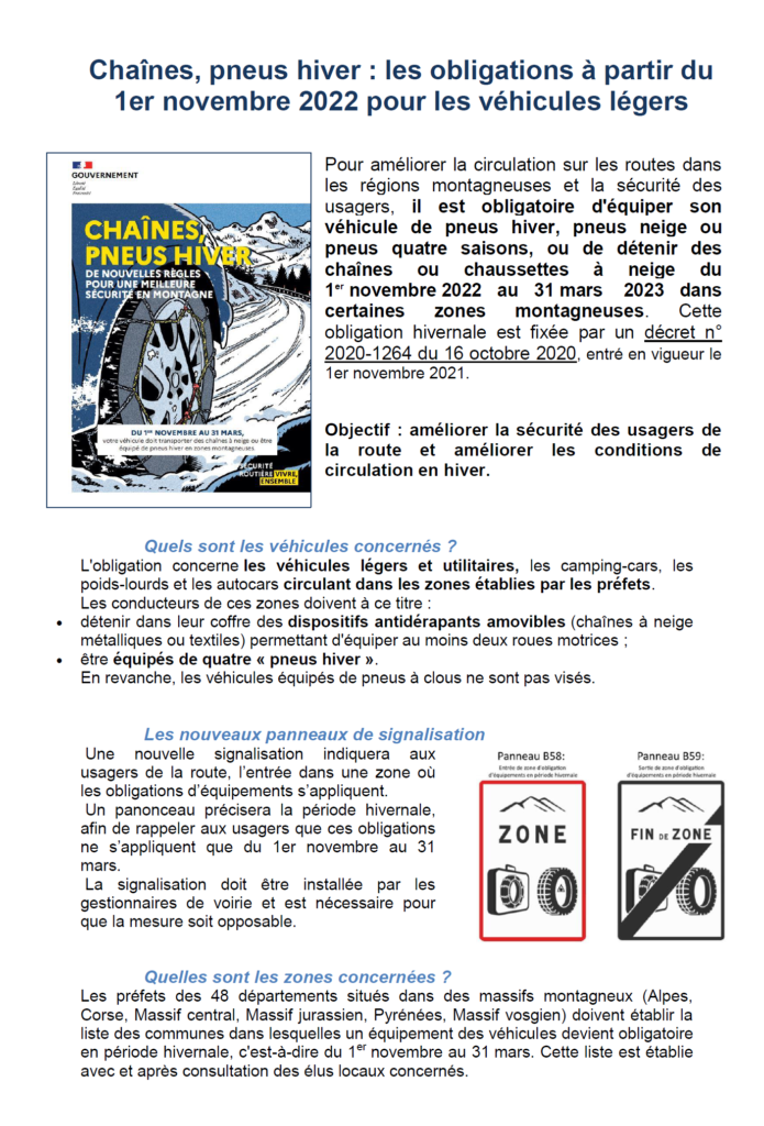 P1 Informations aux consommateurs : La réglementation sur les pneus hiver obligatoires en France à partir du 1er novembre 2022- CTRC de Bourgogne