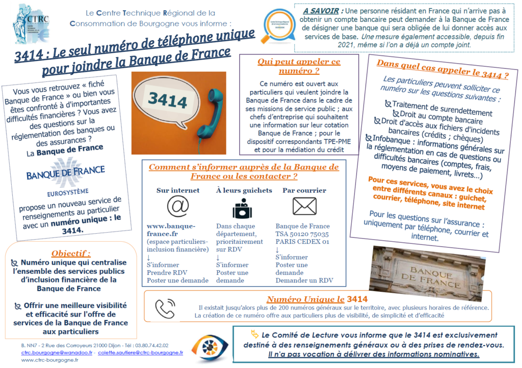 Communiqué d'information 3414 Numéro Unique pour joindre la Banque de France - CTRC de Bourgogne - 13.12.2022