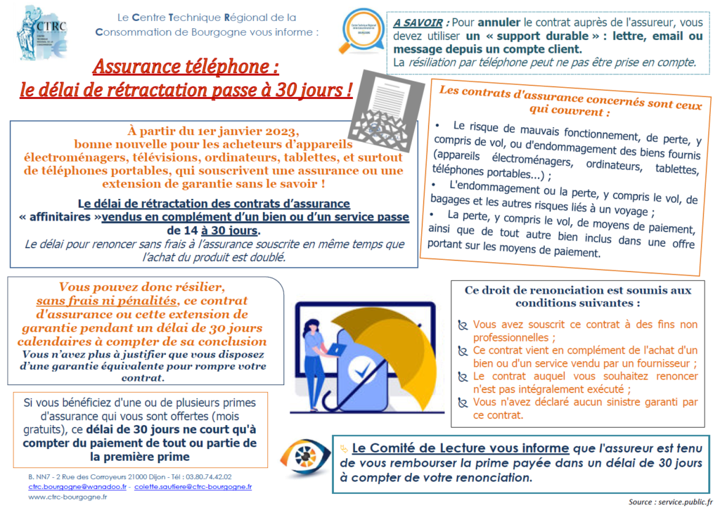 Informations/Communiqué : Assurance téléphone : la délai de rétractation passe à 30 jours ! Centre Technique Régional de la Consommation de Bourgogne - le 25 janvier 2023