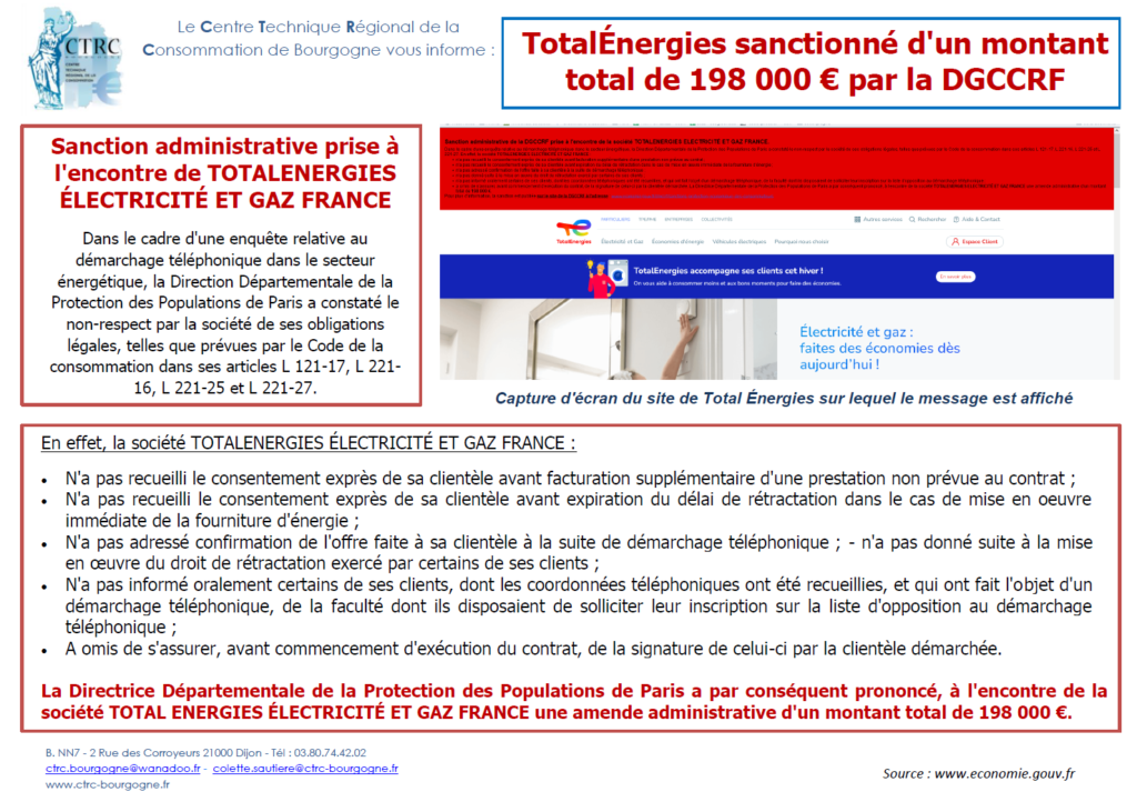 Sanction administrative prise à l'encontre de TOTALENERGIES ÉLECTRICITÉ ET GAZ FRANCE de la DGCCRF, montant total de 198 000 € - information diffusée par le CTRC de Bourgogne - 26 janvier 2023