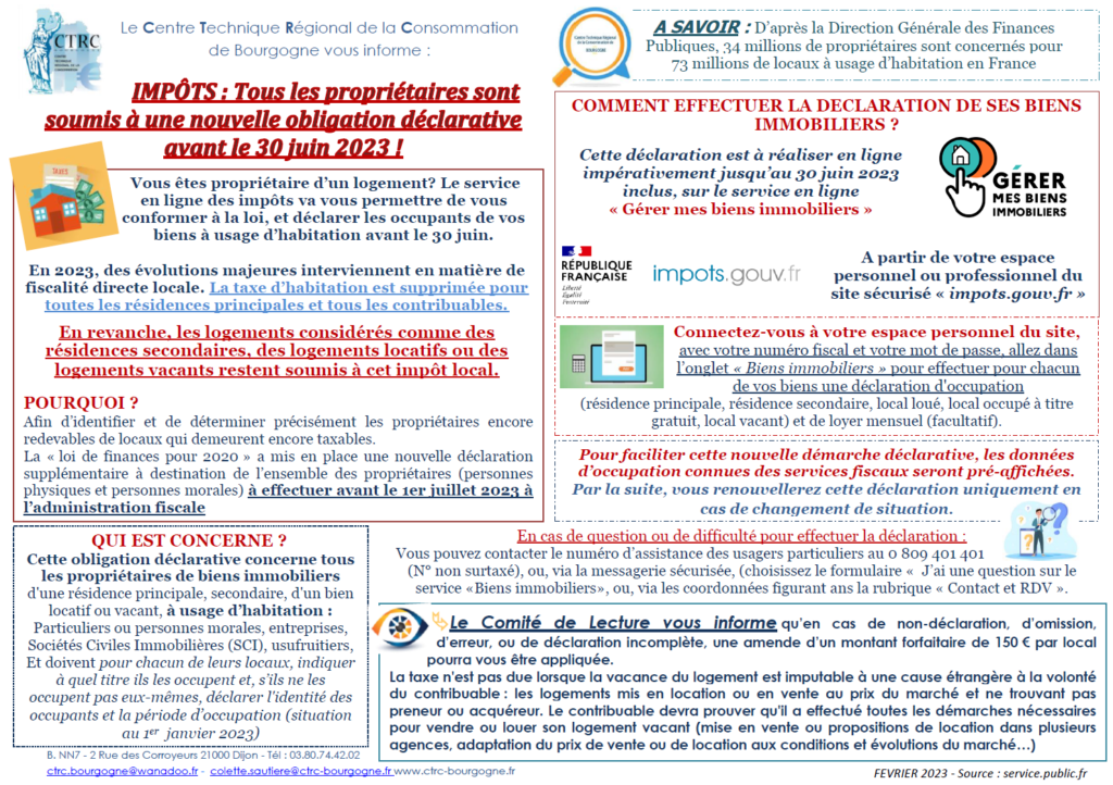 IMPÔTS - Tous les propriétaires sont soumis à une nouvelle obligation déclarative avant le 30 juin 2023 - 14.02.2023 CTRC de Bourgogne