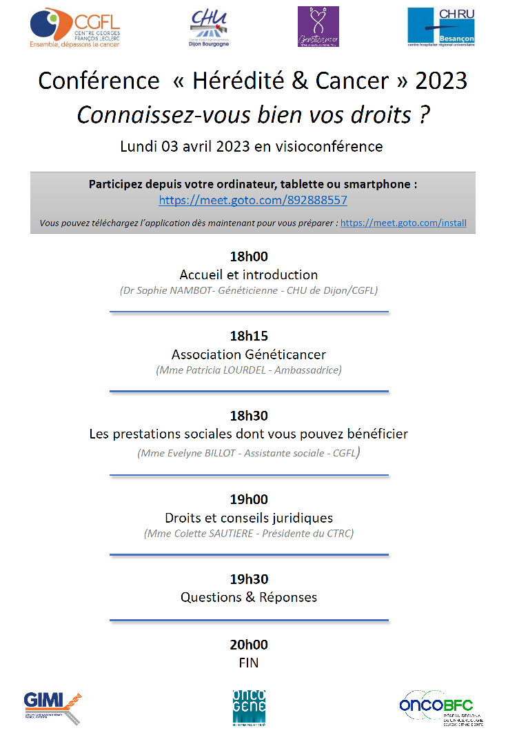 Le CTRC de Bourgogne participe à la Conférence Hérédité et cancer le 03 avril 2023, organisée par le Centre Georges François Leclerc, en visioconférence - Programme complet