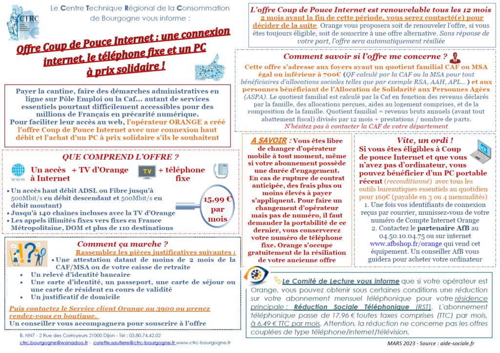 Communiqué Offre Coup de Pouce Orange - CTRC de Bourgogne - 01.03.2023