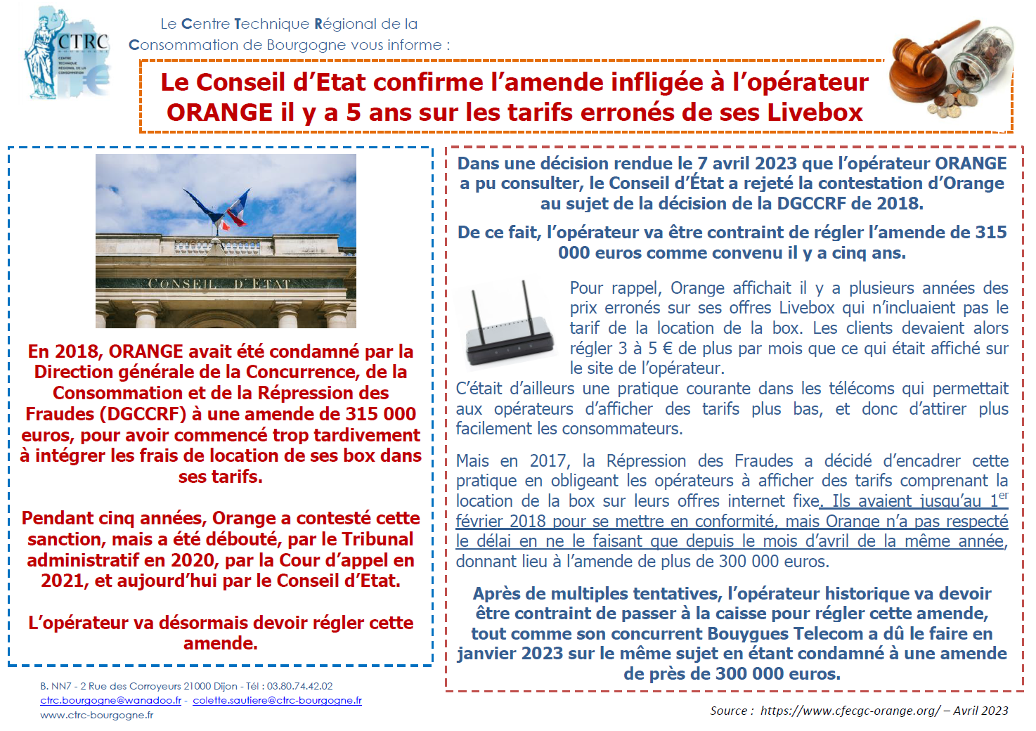 Le Conseil d'Etat confirme l'amende infligée à l'opérateur ORANGE il y a 5 ans sur les tarifs erronés de ses Livebox - communiqué d'information - CTRC de Bourgogne - 18.04.2023