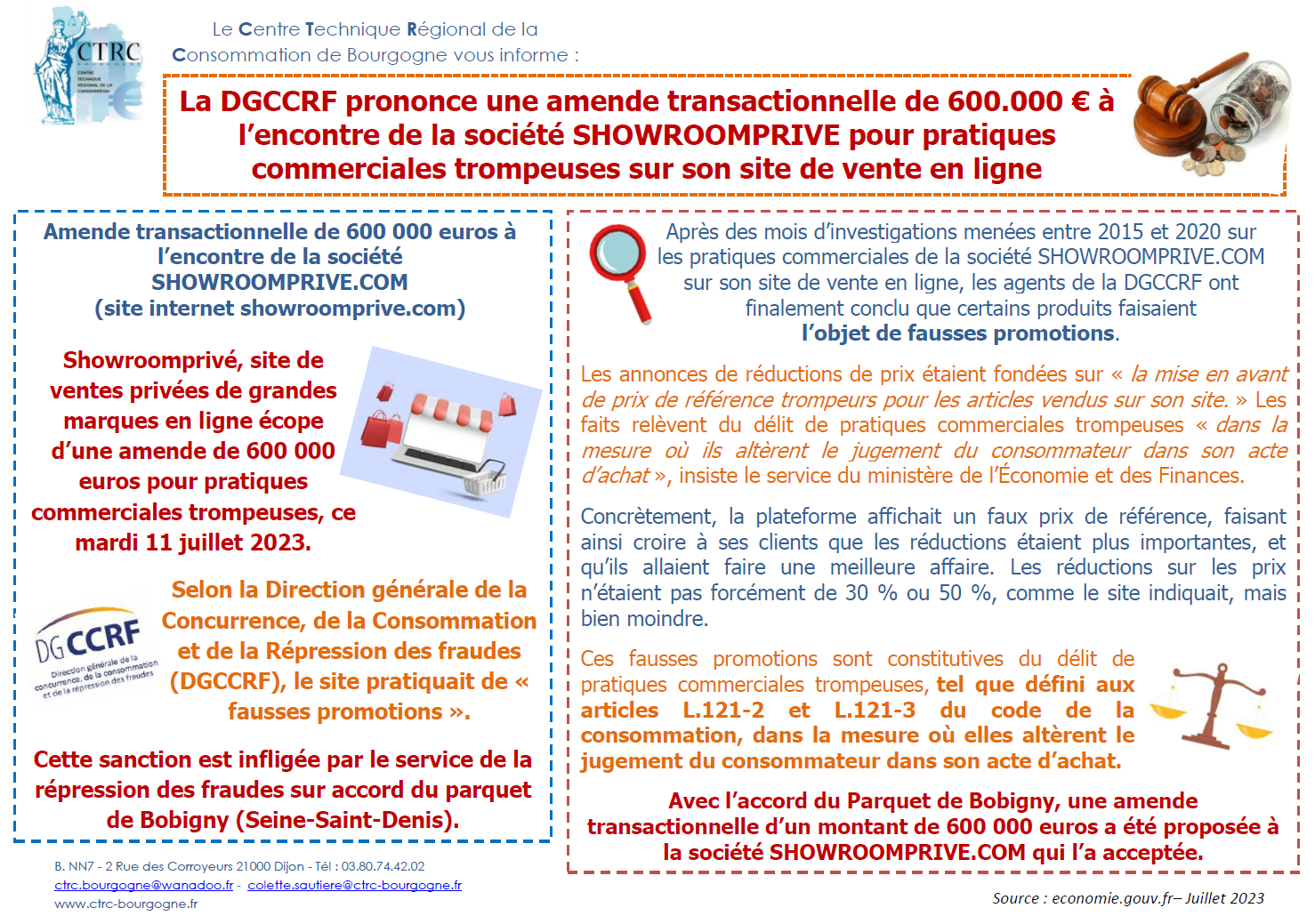 La DGCCRF prononce une amende transactionnelle de 600.000 € à l’encontre de la société SHOWROOMPRIVE pour pratiques commerciales trompeuses sur son site de vente en ligne - CTRC de Bourgogne - Juillet 2023