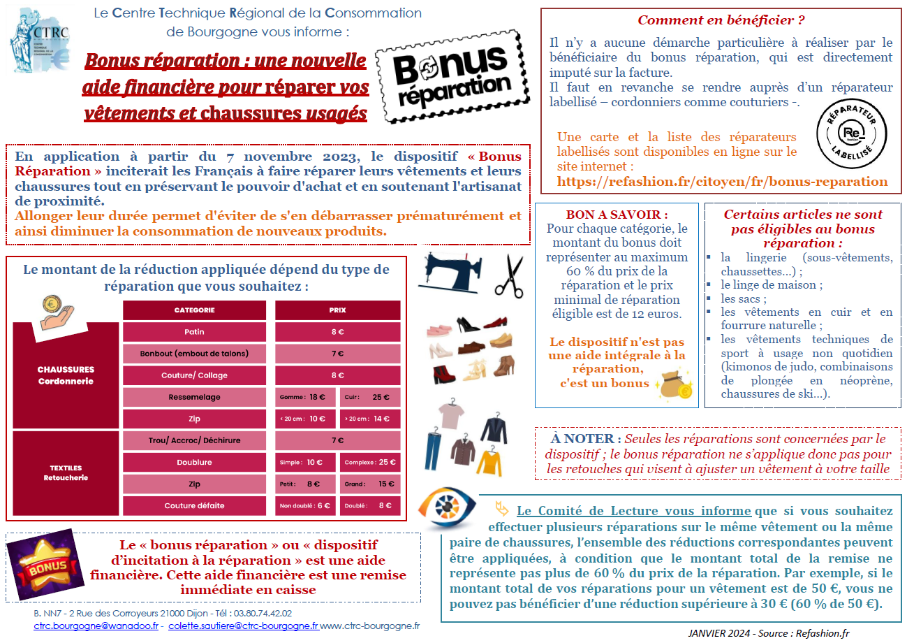 Bonus réparation une nouvelle aide financière pour réparer vos vêtements et chaussures usagés - CTRC de Bourgogne - Janvier 2024