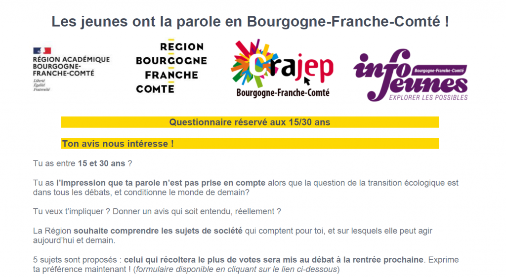 Colette Sautière, Présidente du Centre Technique Régional de la Consommation, propose à toutes les personnes entre 15 et 25 ans de répondre à ce questionnaire disponible sur la plateforme du Conseil Régional Bourgogne-Franche-Comté "Je participe", en collaboration avec le CESER Bourgogne-Franche-Comté. Les jeunes ont la parole en Bourgogne-Franche-Comté ! Merci pour votre participation!