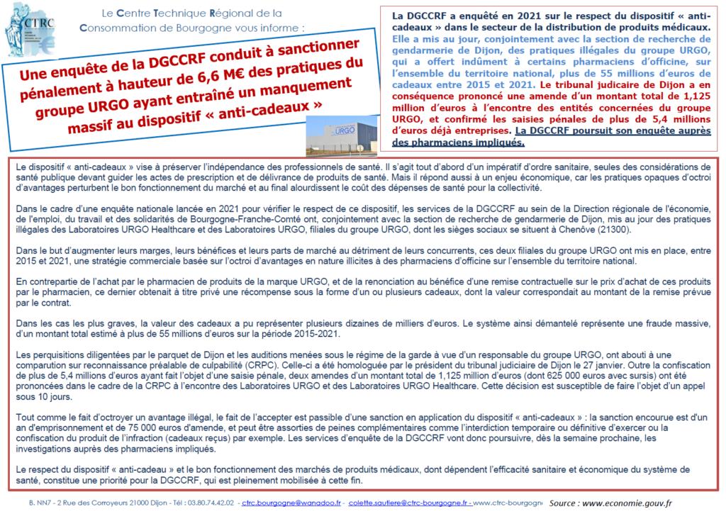 La Direction de la Concurrence, de la Consommation et de la Répression des Fraudes (DGCCRF) démantèle une fraude massive et durable au dispositif « anti-cadeaux » par le laboratoire URGO - Amende de 6,6 millions d’euros visant des pratiques illégales depuis 2015 - information diffusée par le CTRC de Bourgogne - 31 janvier 2023