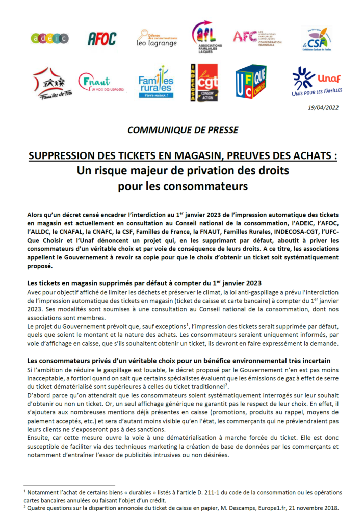 Opposées à la suppression des tickets de caisse, douze associations de défense des consommateurs publient un communiqué de presse commun pour appeler le gouvernement à préserver le droit des consommateurs à matérialiser leurs achats et suivre leur budget - 08.02.2023 - Information diffusée par le Centre Technique Régional de la Consommation de Bourgogne P1