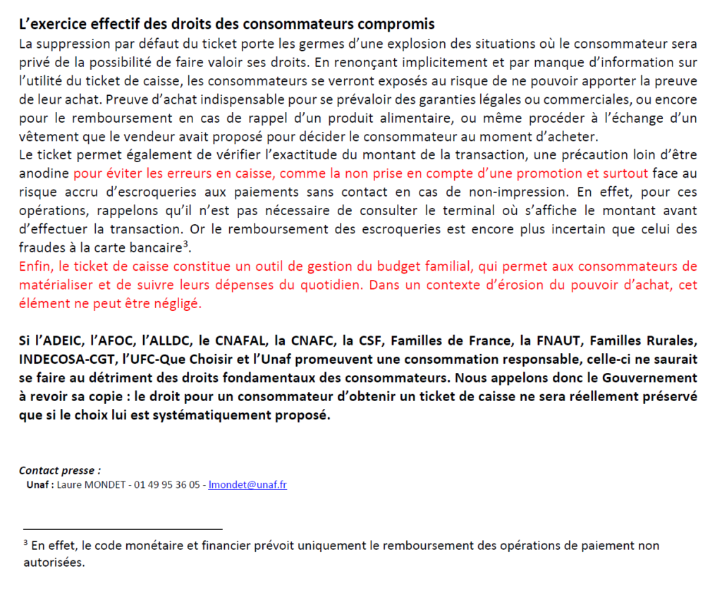 Opposées à la suppression des tickets de caisse, douze associations de défense des consommateurs publient un communiqué de presse commun pour appeler le gouvernement à préserver le droit des consommateurs à matérialiser leurs achats et suivre leur budget - 08.02.2023 - Information diffusée par le Centre Technique Régional de la Consommation de Bourgogne P2